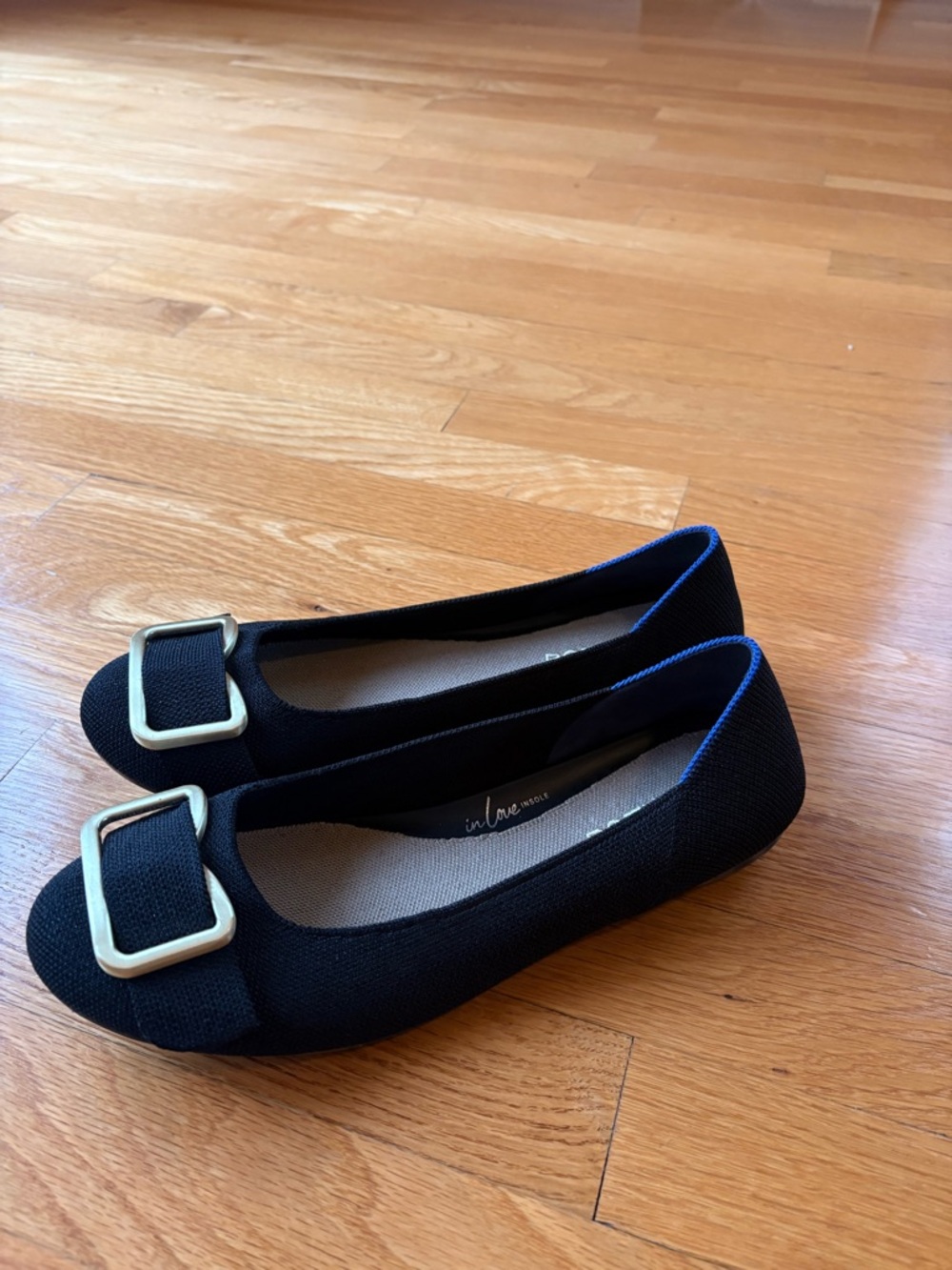 Rothy's Black Knit Ballet Flats with Gold Square Buckle
